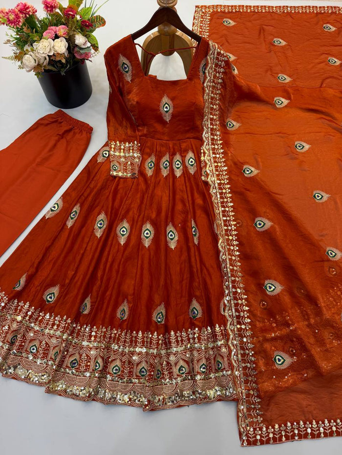 Rust Orange Silk Embroidered Anarkali Gown