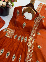 Rust Orange Silk Embroidered Anarkali Gown