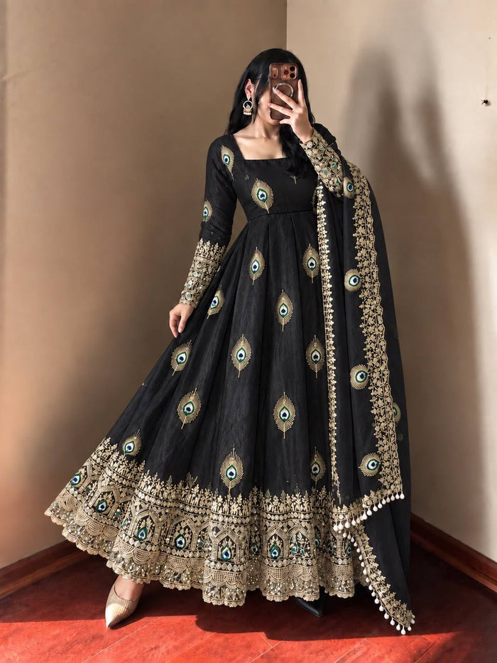 Black Silk Embroidered Anarkali Gown