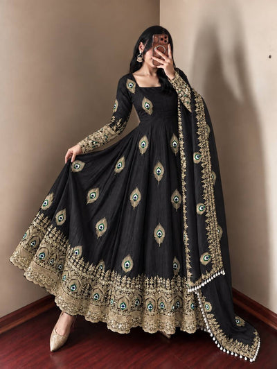 Black Silk Embroidered Anarkali Gown