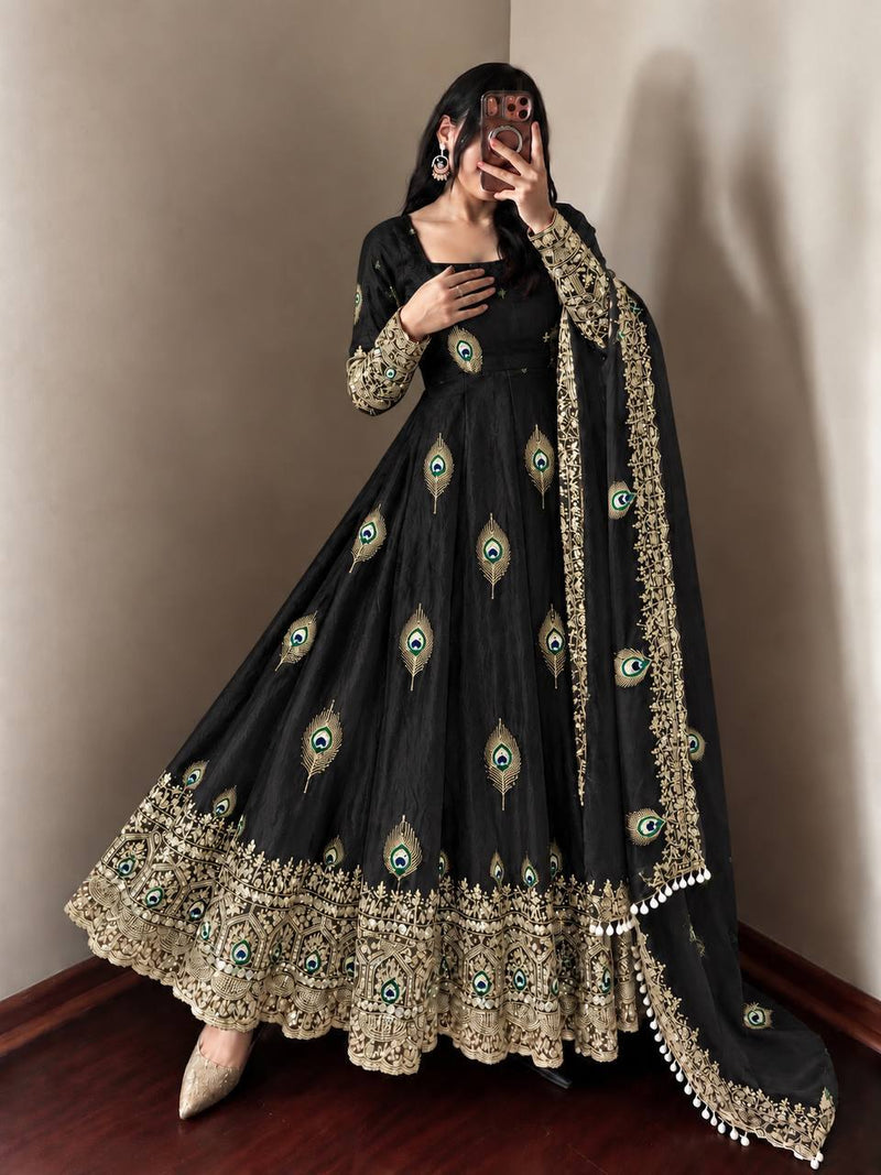 Black Silk Embroidered Anarkali Gown