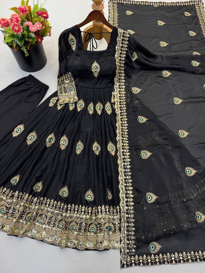 Black Silk Embroidered Anarkali Gown