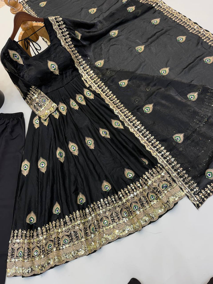 Black Silk Embroidered Anarkali Gown
