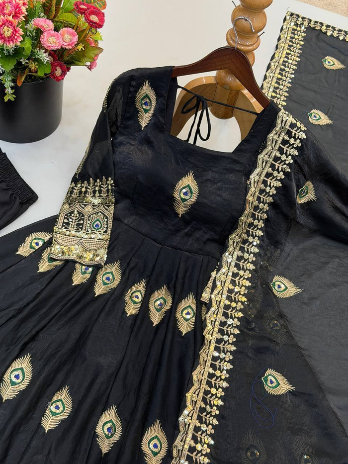 Black Silk Embroidered Anarkali Gown