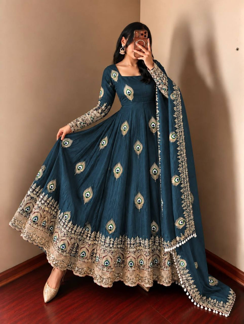 Teal Blue Silk Embroidered Anarkali Gown