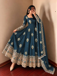 Teal Blue Silk Embroidered Anarkali Gown