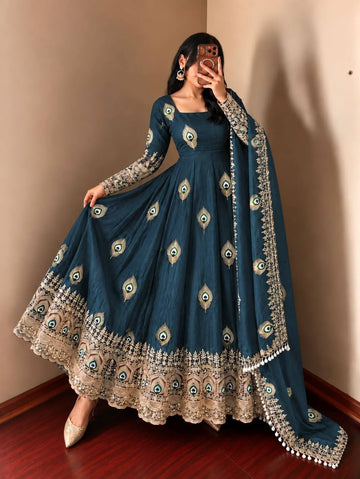 Teal Blue Silk Embroidered Anarkali Gown