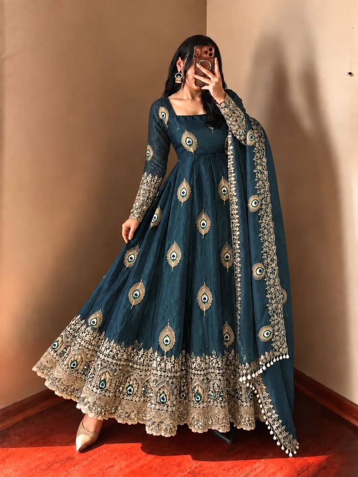 Teal Blue Silk Embroidered Anarkali Gown