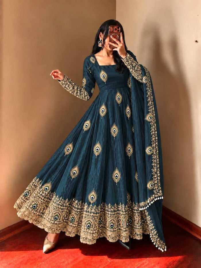 Teal Blue Silk Embroidered Anarkali Gown