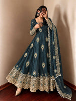 Teal Blue Silk Embroidered Anarkali Gown