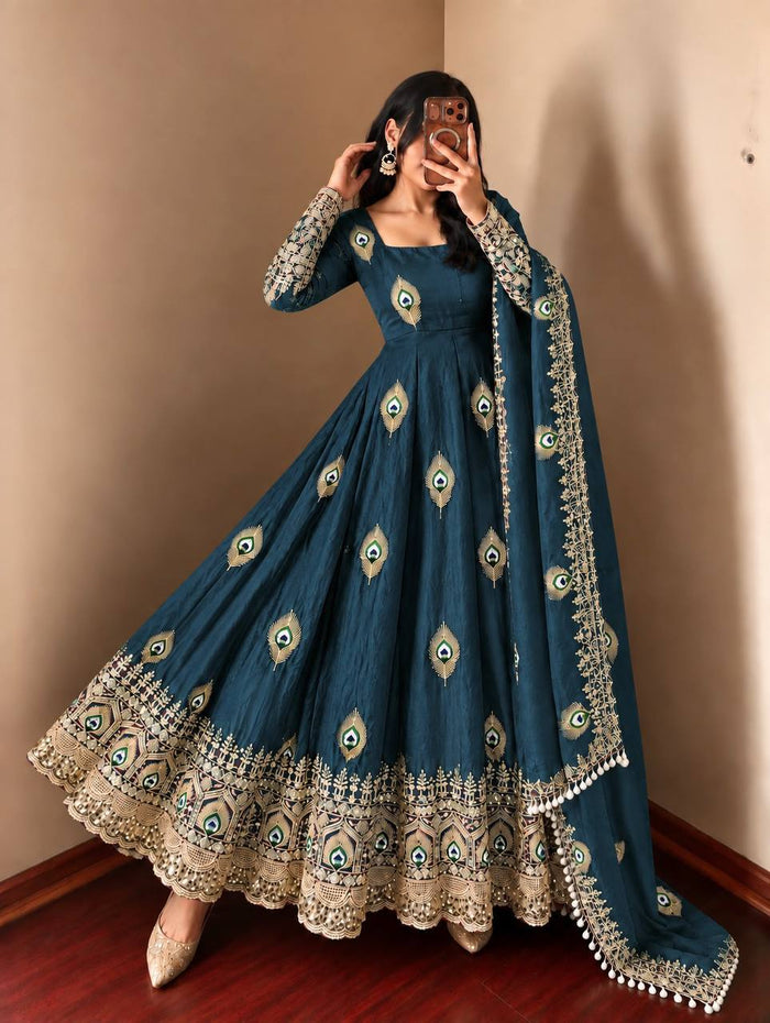 Teal Blue Silk Embroidered Anarkali Gown