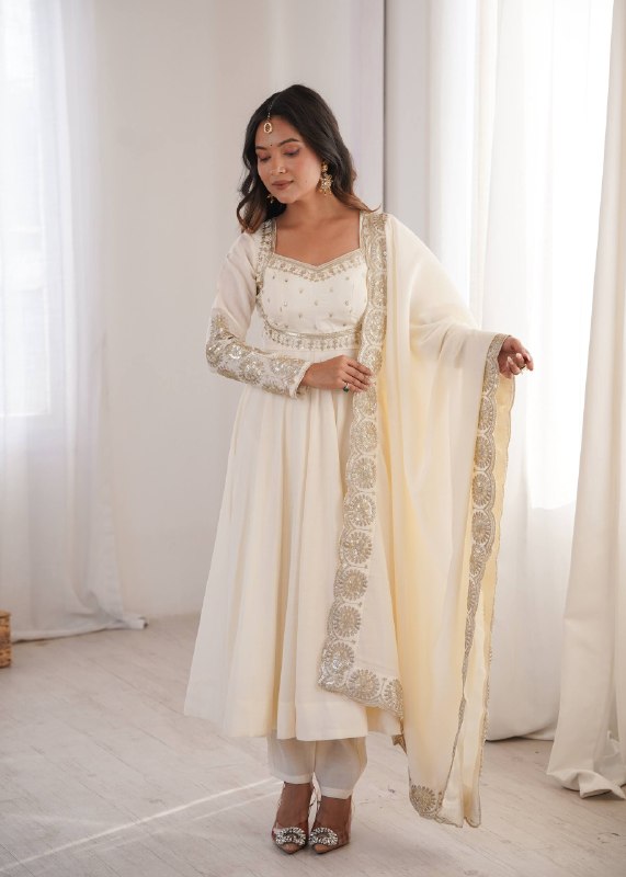 Elegant Cream Embroidered Anarkali Suit Set