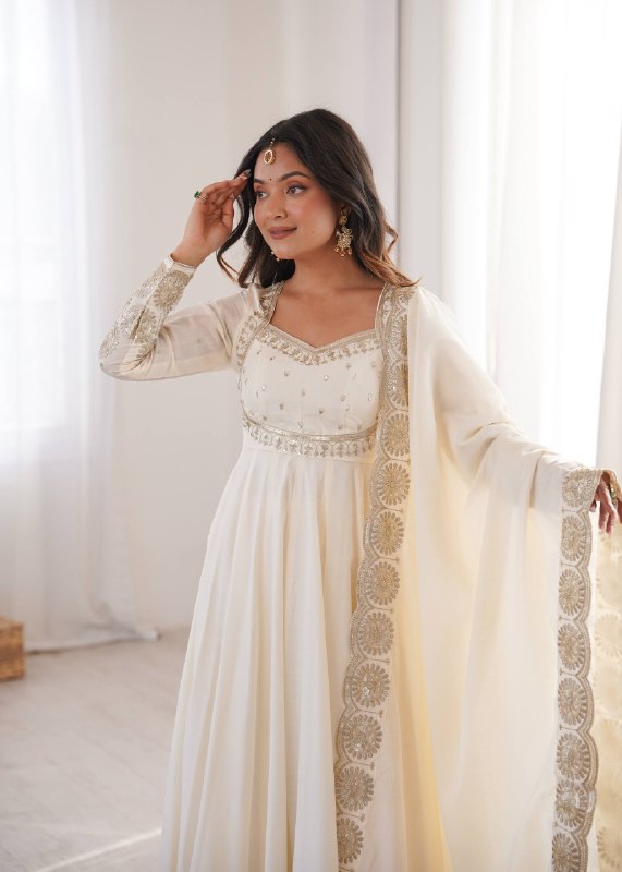 Elegant Cream Embroidered Anarkali Suit Set