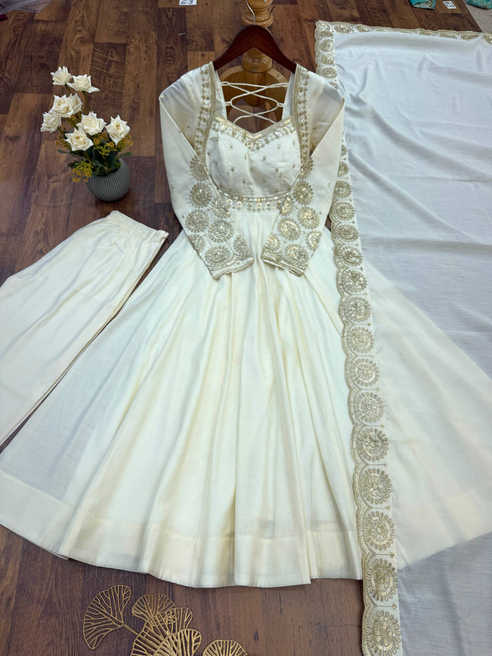 Elegant Cream Embroidered Anarkali Suit Set