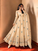 Cream Silk Embroidered Anarkali Gown
