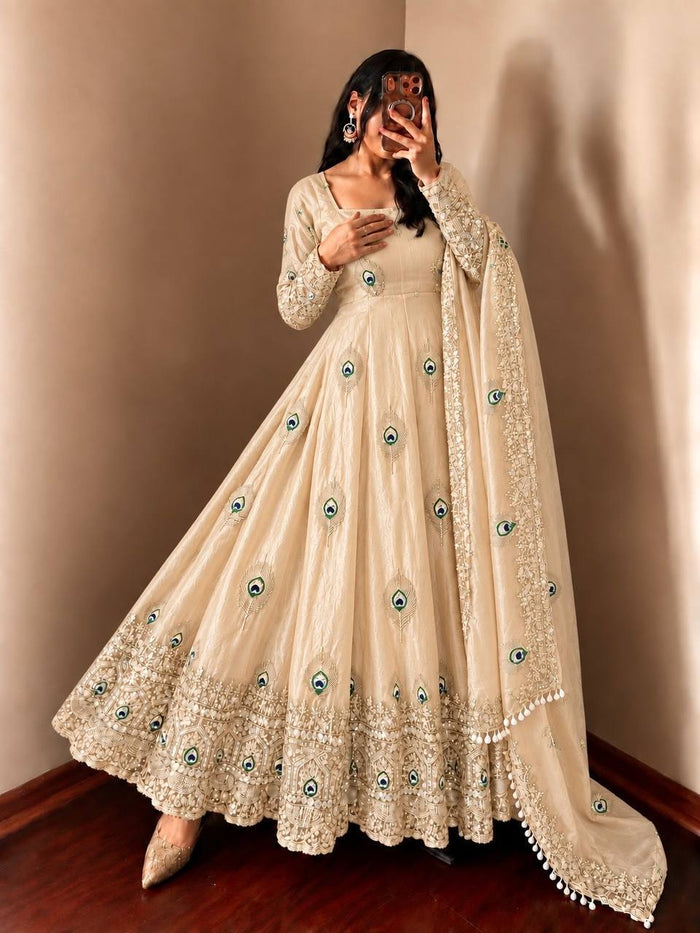 Cream Silk Embroidered Anarkali Gown
