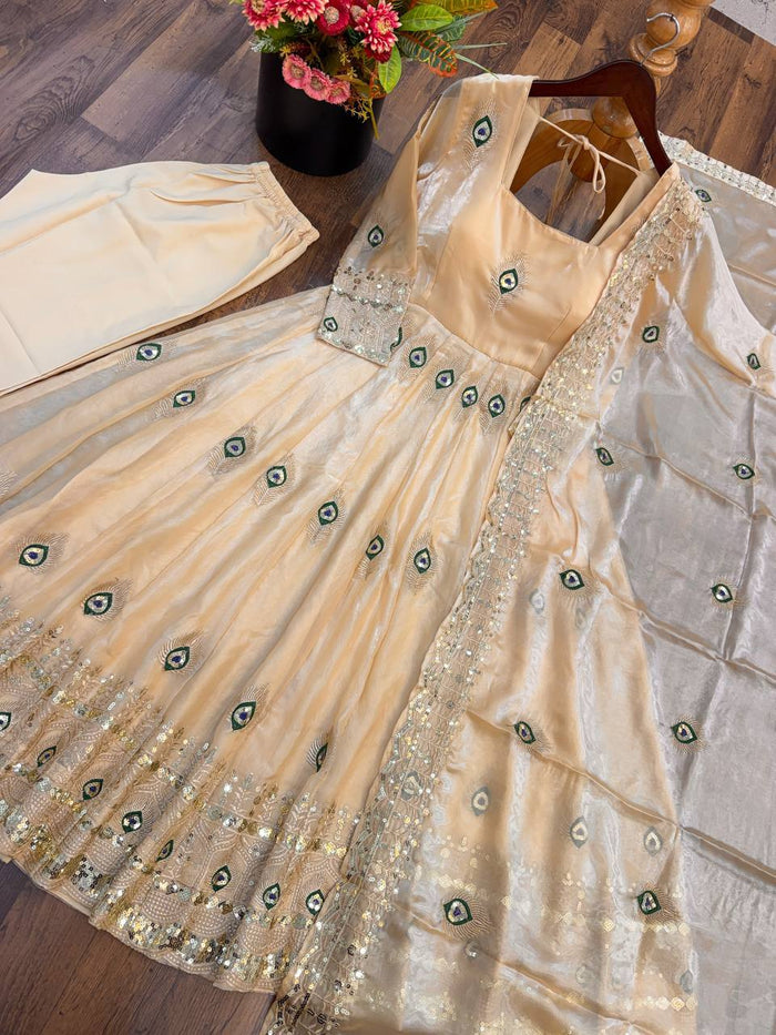 Cream Silk Embroidered Anarkali Gown