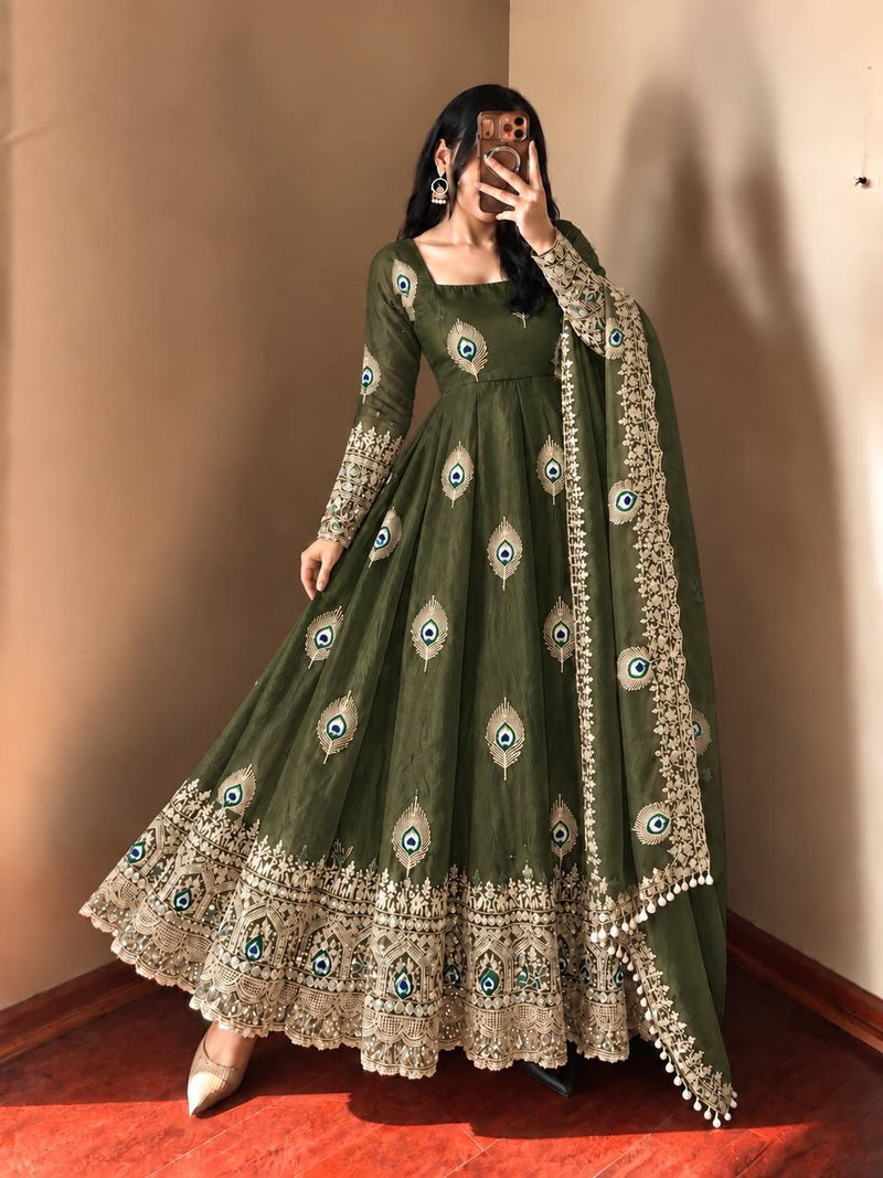 Olive Green Silk Embroidered Anarkali Gown