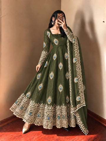 Olive Green Silk Embroidered Anarkali Gown