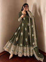 Olive Green Silk Embroidered Anarkali Gown