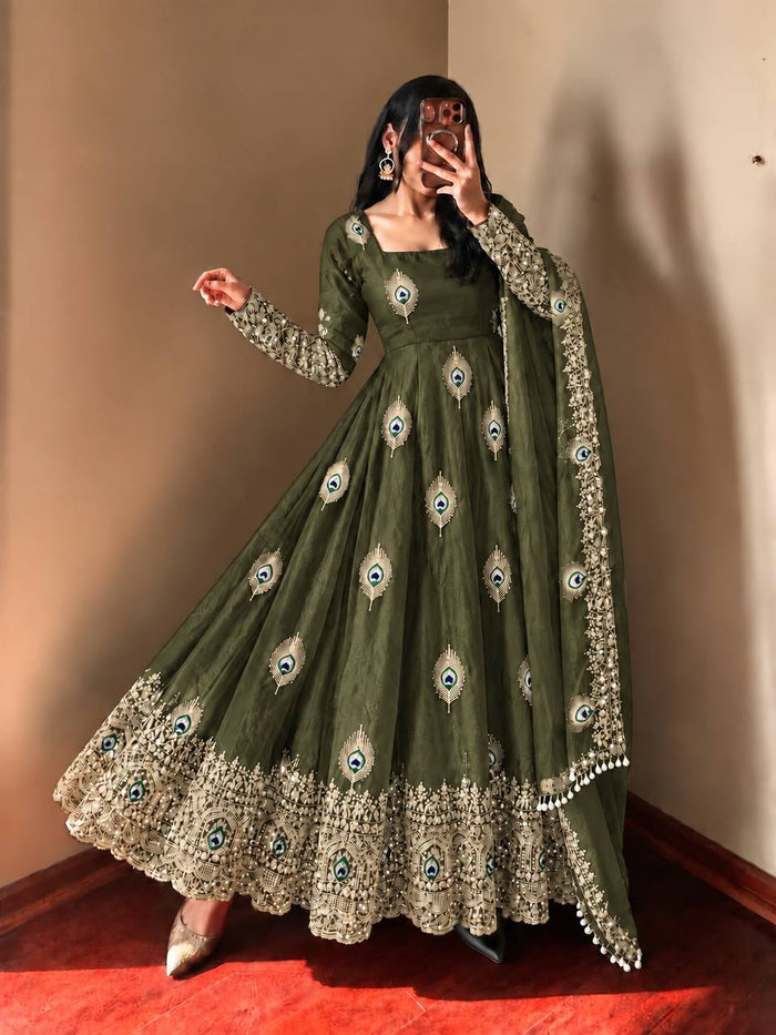 Olive Green Silk Embroidered Anarkali Gown