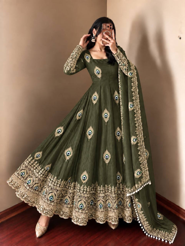 Olive Green Silk Embroidered Anarkali Gown