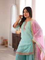 Sky Mint Embroidered Sharara Suit Set with Dupatta