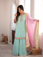 Sky Mint Embroidered Sharara Suit Set with Dupatta
