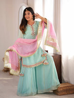 Sky Mint Embroidered Sharara Suit Set with Dupatta