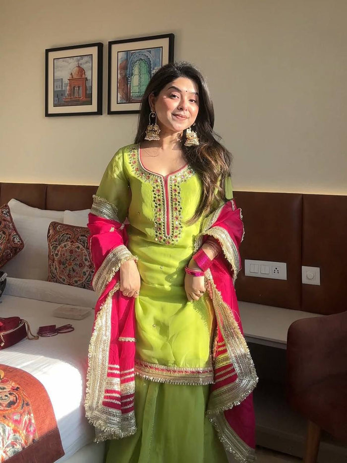 Parrot Green Embroidered Sharara Suit Set with Dupatta
