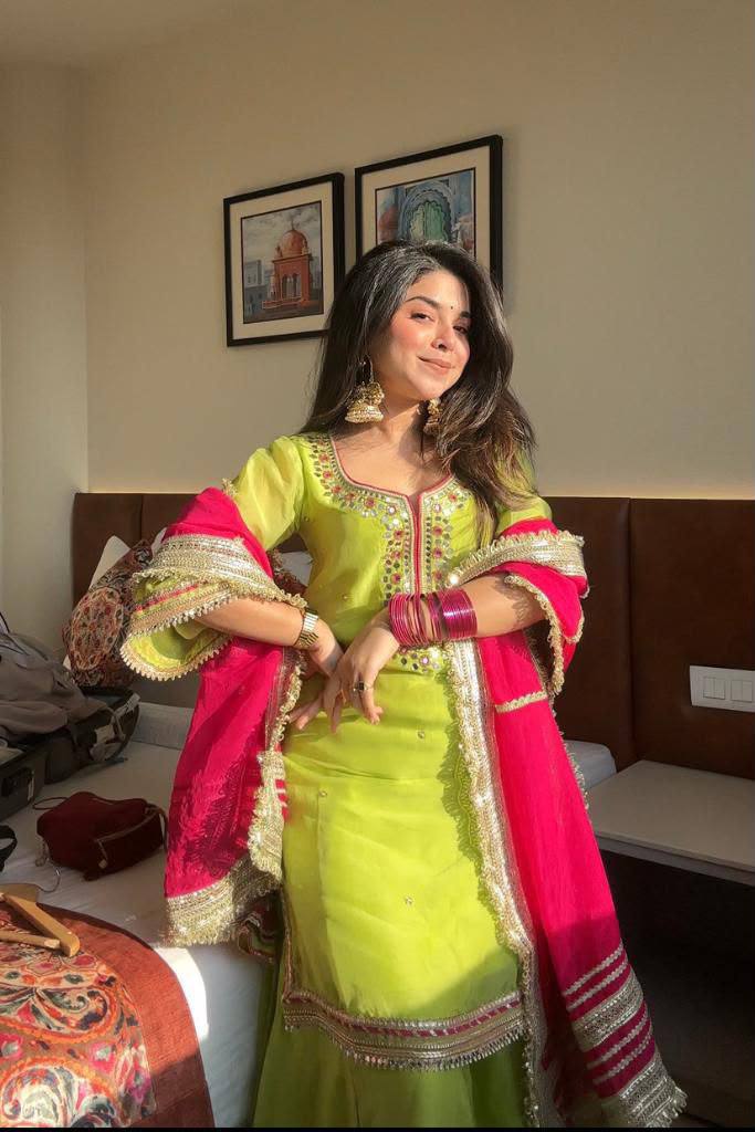 Parrot Green Embroidered Sharara Suit Set with Dupatta