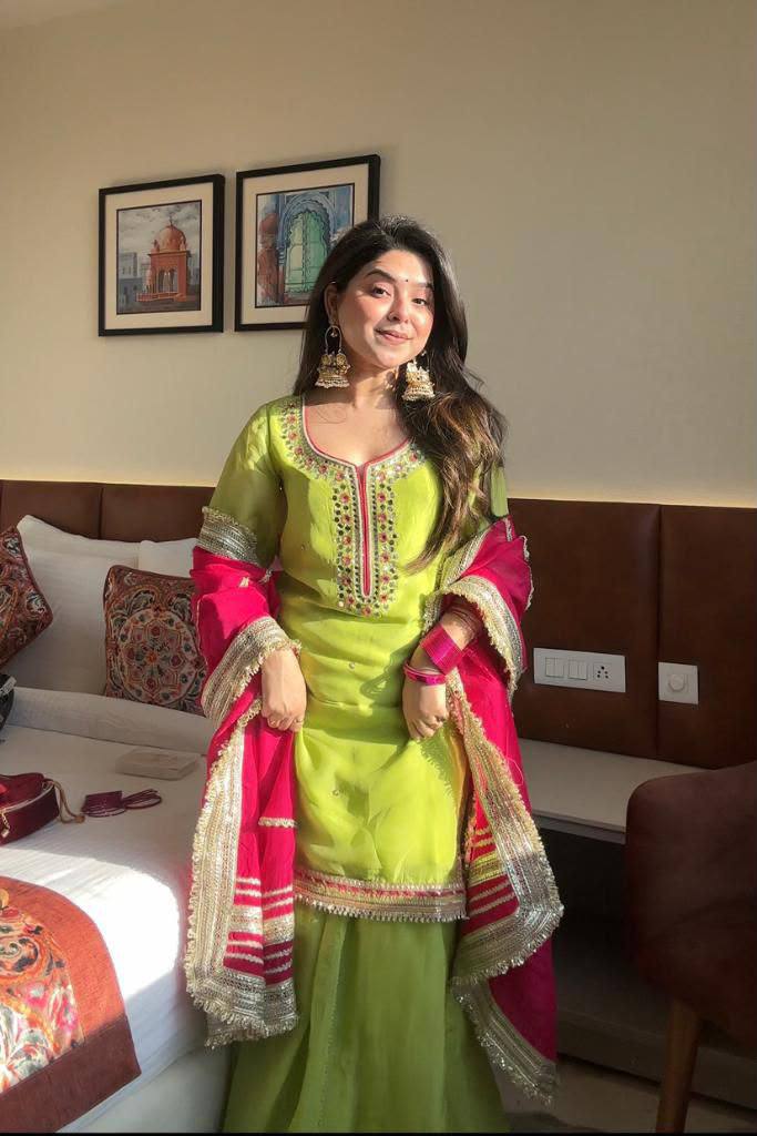 Parrot Green Embroidered Sharara Suit Set with Dupatta
