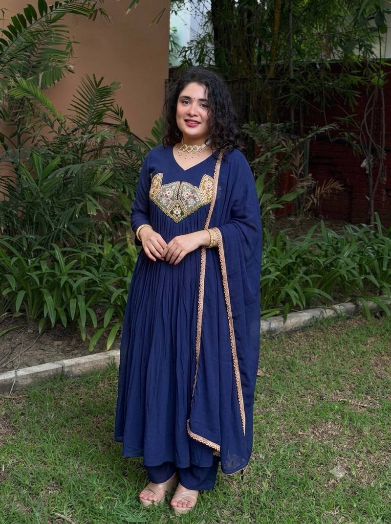 Blue Mal Chanderi Anarkali Kurta Set with Dupatta