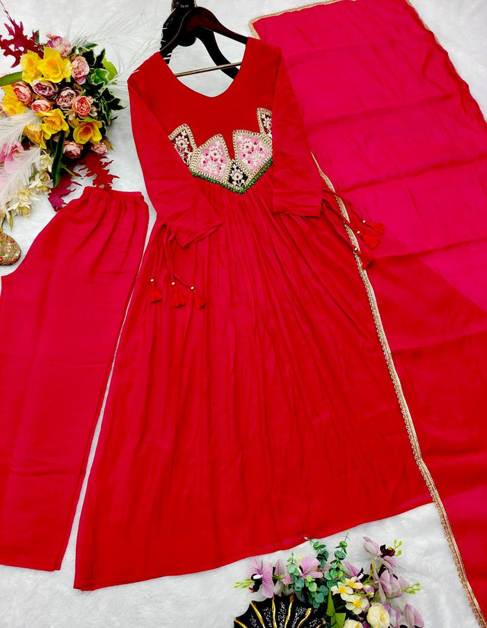Red Mal Chanderi Anarkali Kurta Set with Dupatta