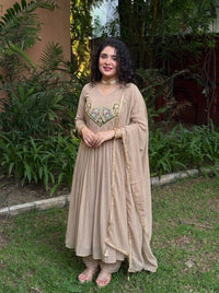Beige Mal Chanderi Anarkali Kurta Set with Dupatta