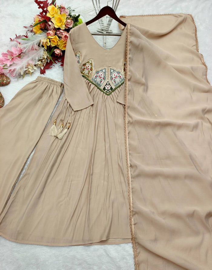 Beige Mal Chanderi Anarkali Kurta Set with Dupatta