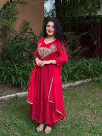 Red Mal Chanderi Anarkali Kurta Set with Dupatta