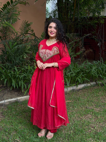 Red Mal Chanderi Anarkali Kurta Set with Dupatta