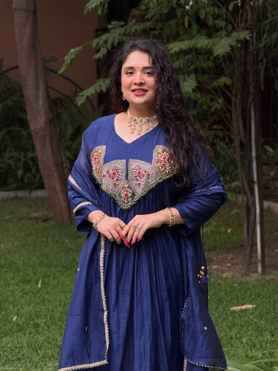 Blue Mal Chanderi Anarkali Kurta Set with Dupatta