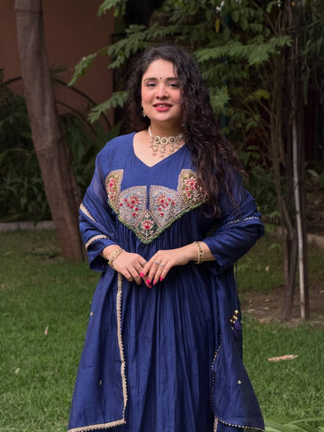 Blue Mal Chanderi Anarkali Kurta Set with Dupatta