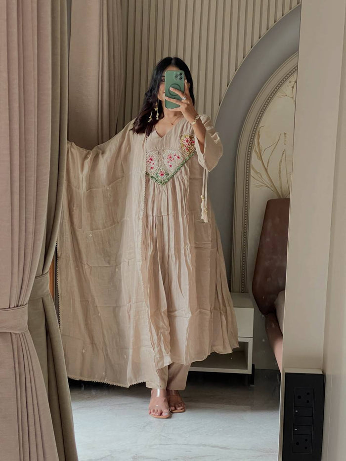 Beige Mal Chanderi Anarkali Kurta Set with Dupatta