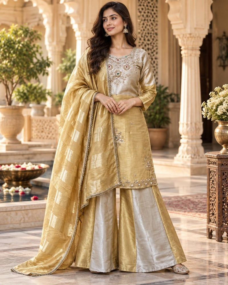 Golden Silver Banarasi Viscose 3 Piece Palazzo Set