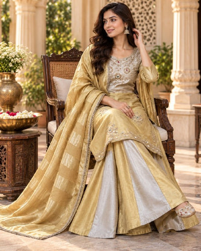Golden Silver Banarasi Viscose 3 Piece Palazzo Set