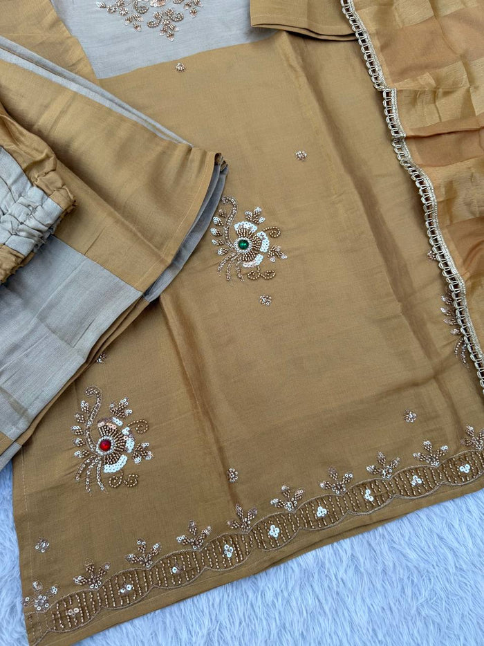 Golden Silver Banarasi Viscose 3 Piece Palazzo Set
