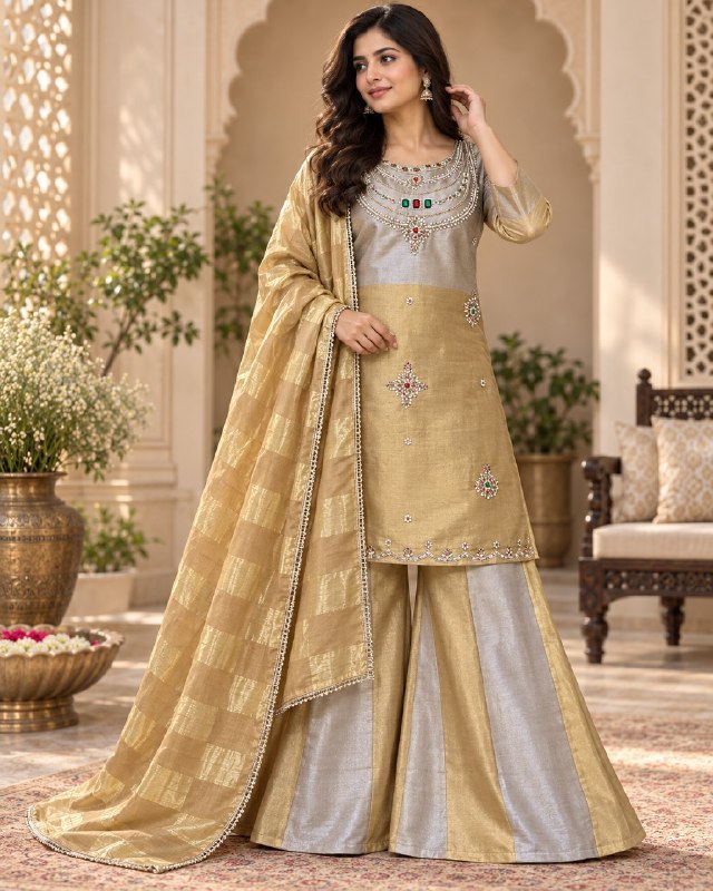 Silver Golden Banarasi Viscose Palazzo Suit Set