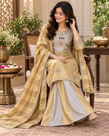 Silver Golden Banarasi Viscose Palazzo Suit Set
