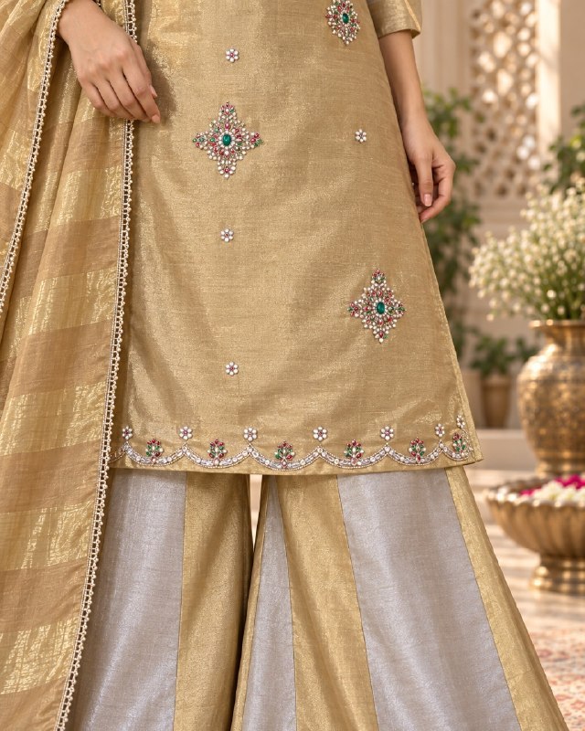 Silver Golden Banarasi Viscose Palazzo Suit Set