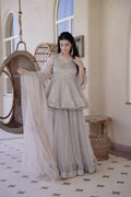 Elegant Grey Tabby Silk Foil Work Sharara Suit Set
