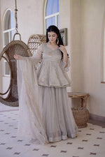 Elegant Grey Tabby Silk Foil Work Sharara Suit Set