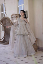 Elegant Grey Tabby Silk Foil Work Sharara Suit Set